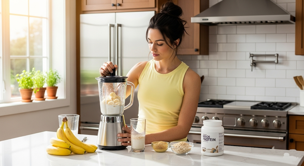 Woman preparing a protein shake for fat loss in the kitchen