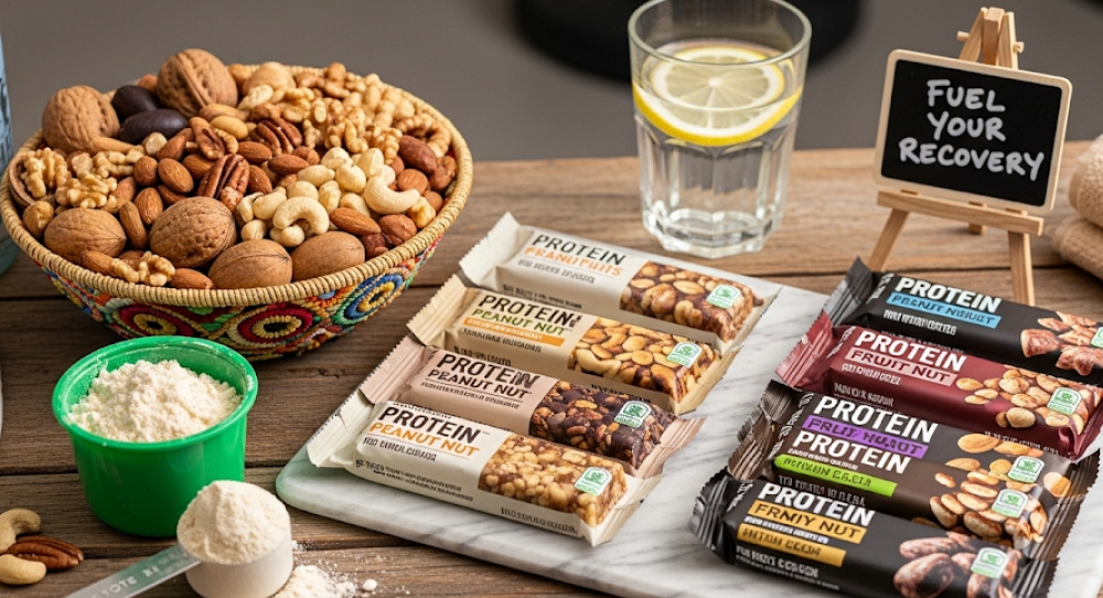Nuts and protein bar on a wooden table