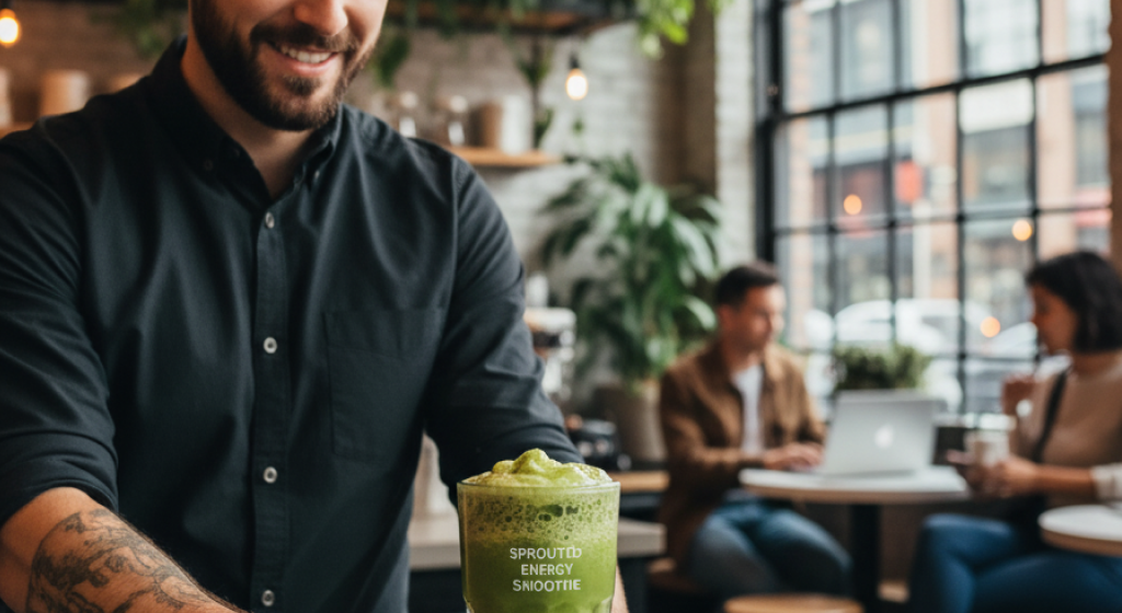 Barista serving a green sprouted protein smoothie in a café