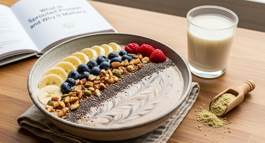 A beautifully arranged smoothie bowl topped with fresh fruit, nuts, and seeds, with a glass of milk and a scoop of protein powder on the side.
