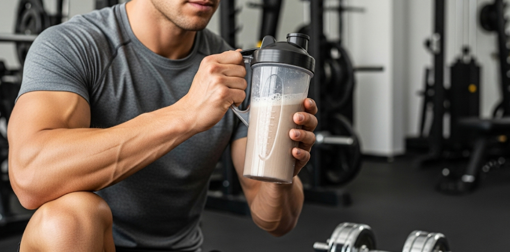 Person holding a shaker bottle with protein powder and dumbbells nearby