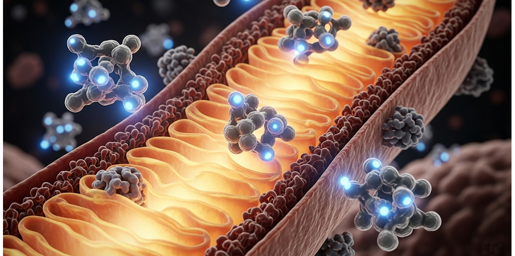 Molecular-level photorealistic visualization of NAD+ molecules activating mitochondria for cellular detox.