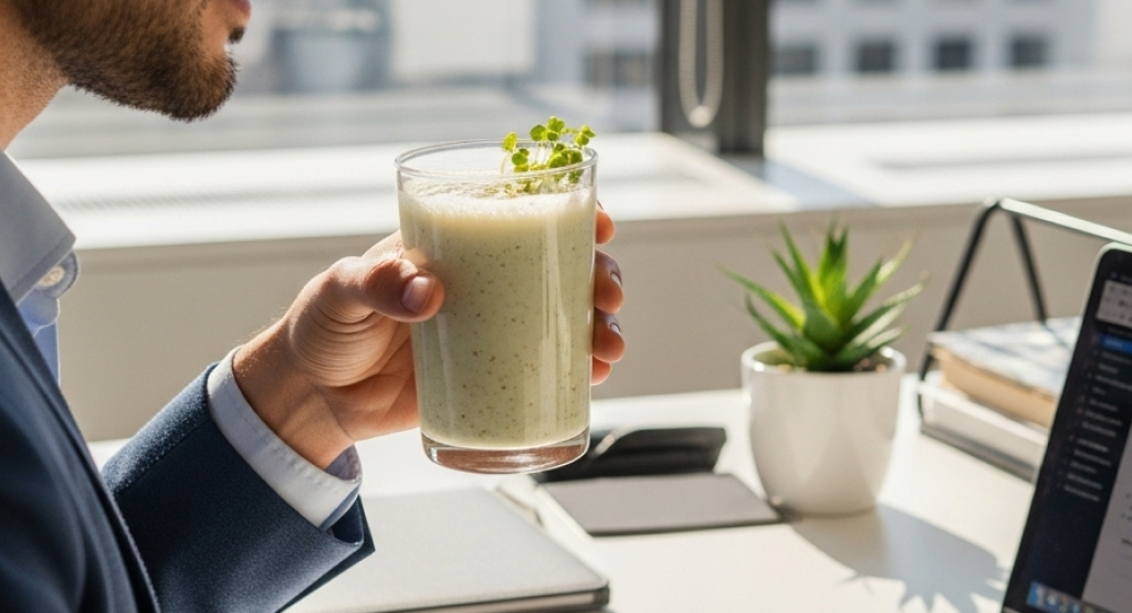 Professional enjoying a sprouted protein shake at their desk
