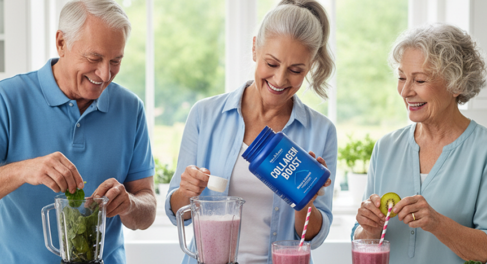 Elderly couple preparing protein shakes to support muscle health.