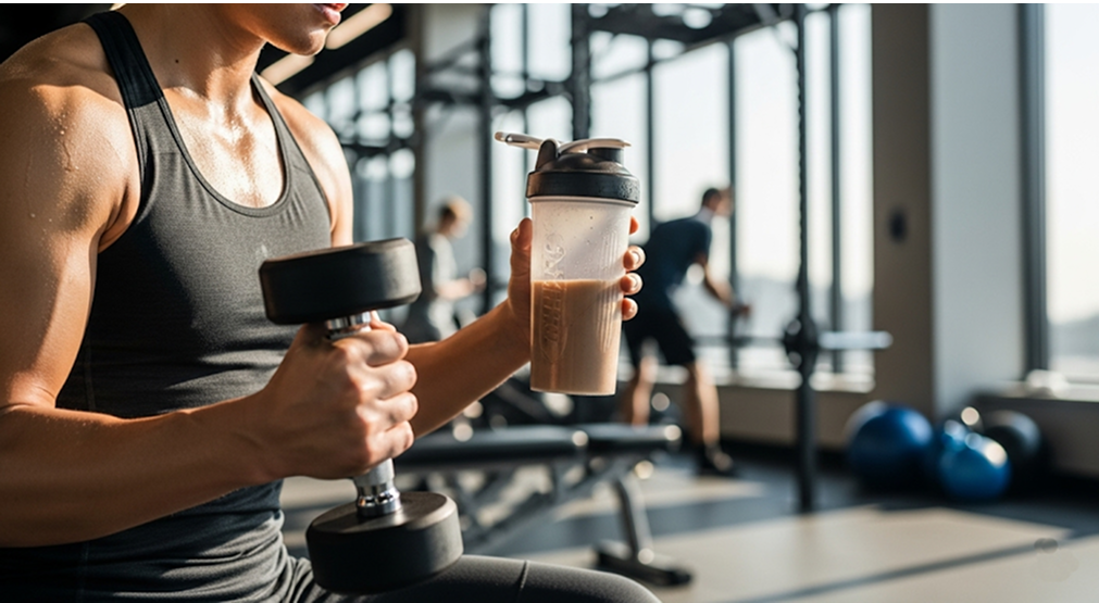 A person exercising with a protein shake