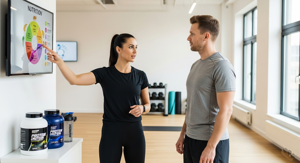 Personal trainer explaining protein intake strategy to a client in a bright gym studio.