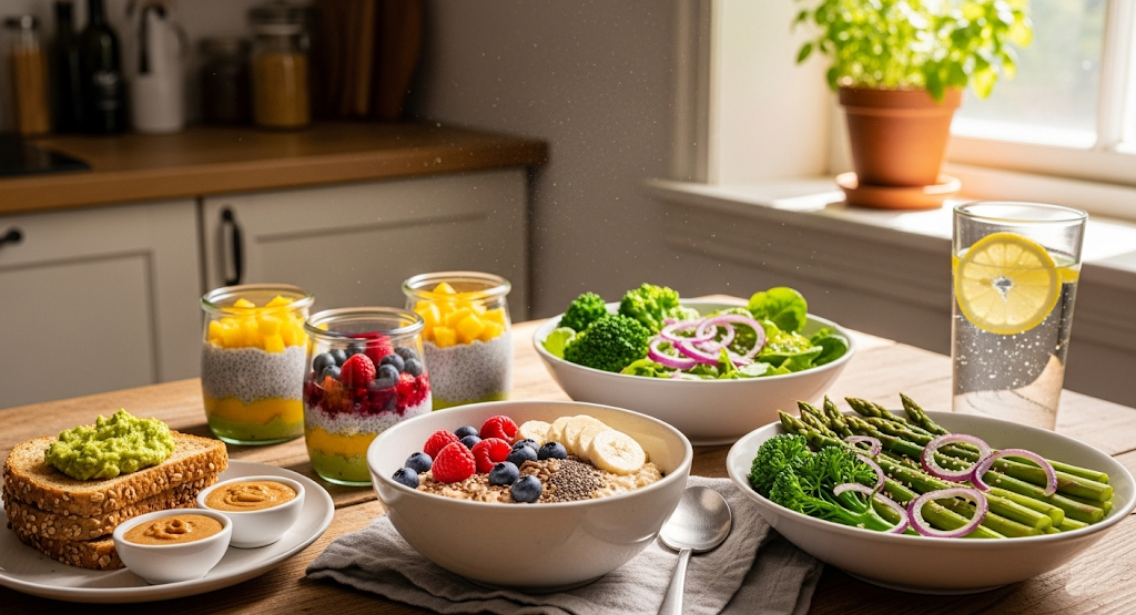High-fiber breakfast with oatmeal, chia seeds, and vegetables