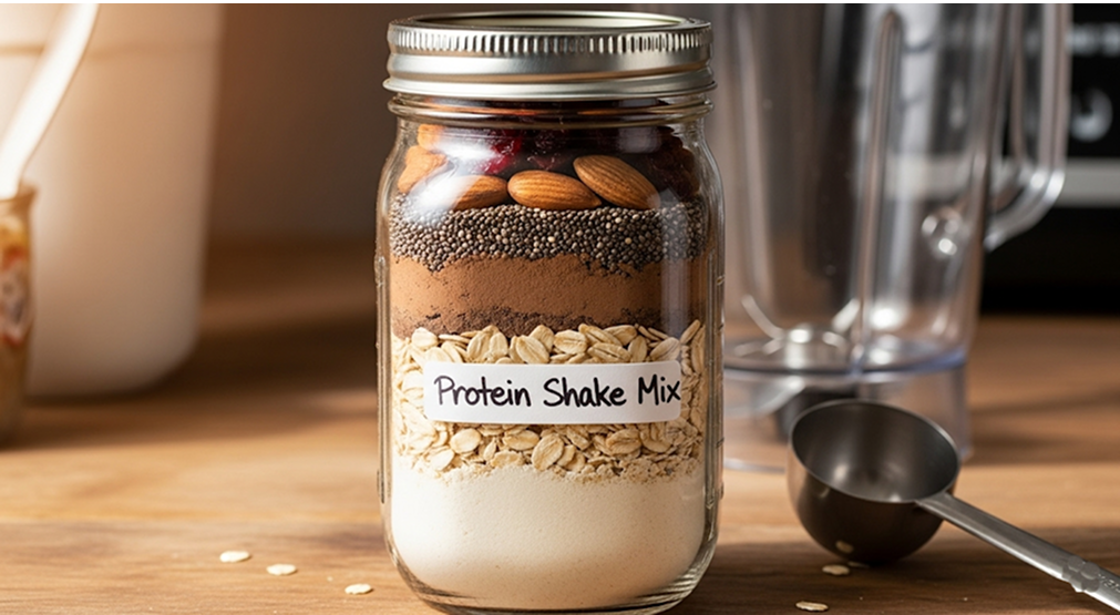 Mason jar with layered dry protein ingredients ready to blend.