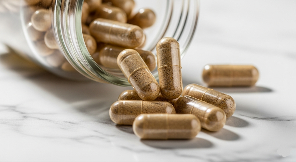 Probiotic capsules spilling from jar on marble surface