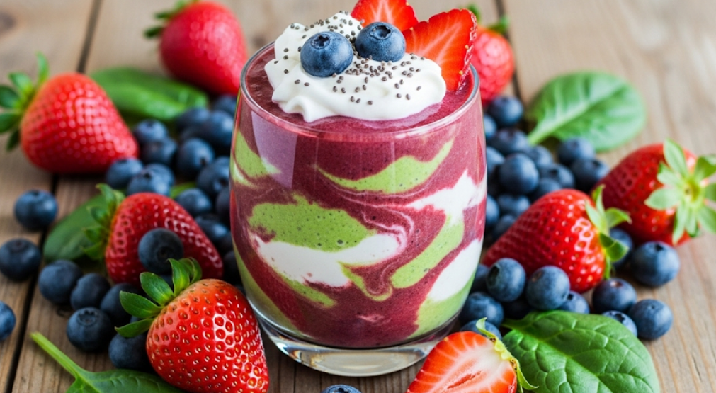 Protein shake with strawberries and blueberries