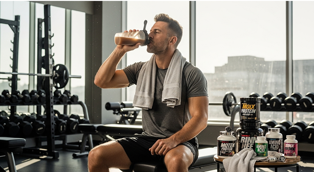 Athlete drinking protein shake after workout with supplements nearby