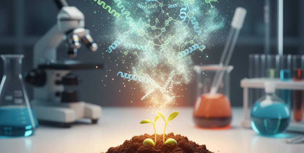 3D animation of seeds sprouting into protein molecules