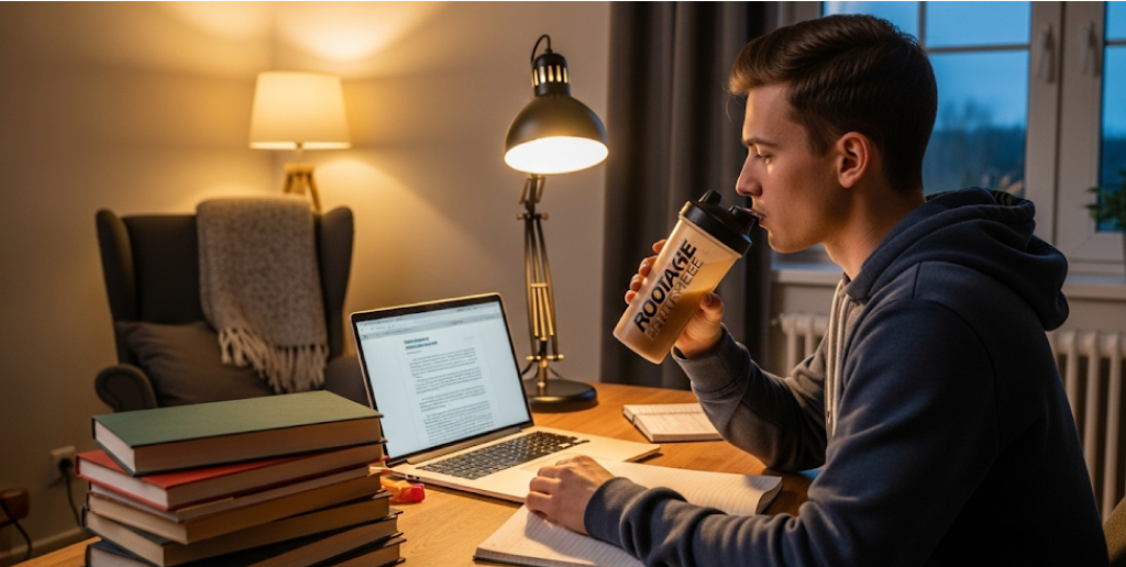 Student studying while drinking protein shake