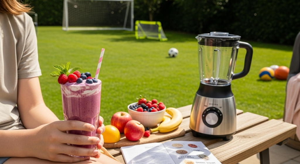 Teenager drinking a protein shake after sports practice, promoting healthy growth.