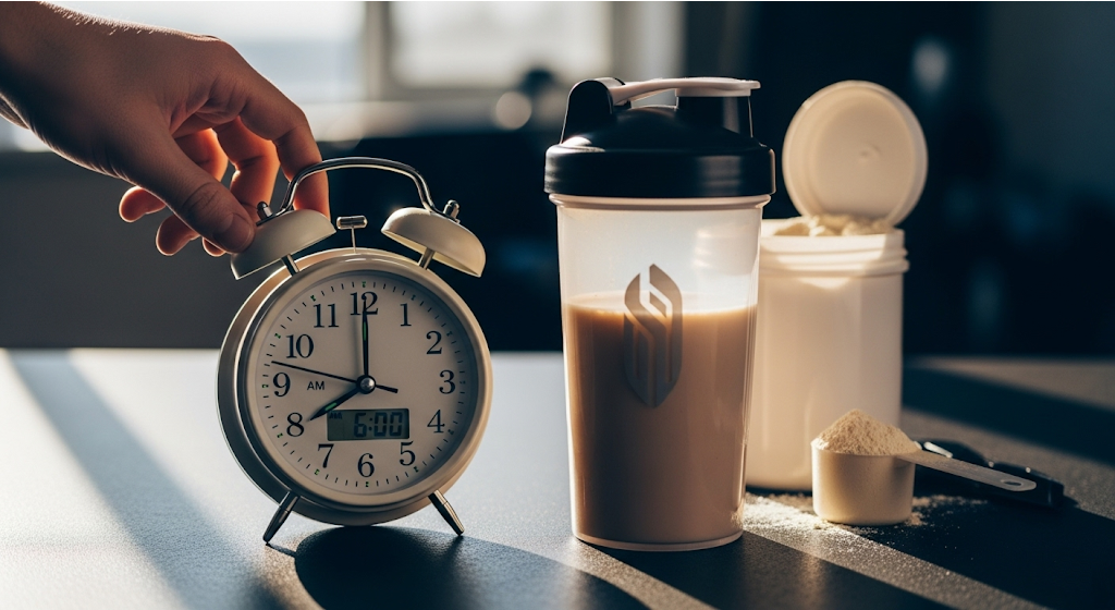 A clock and a protein shake symbolizing timing