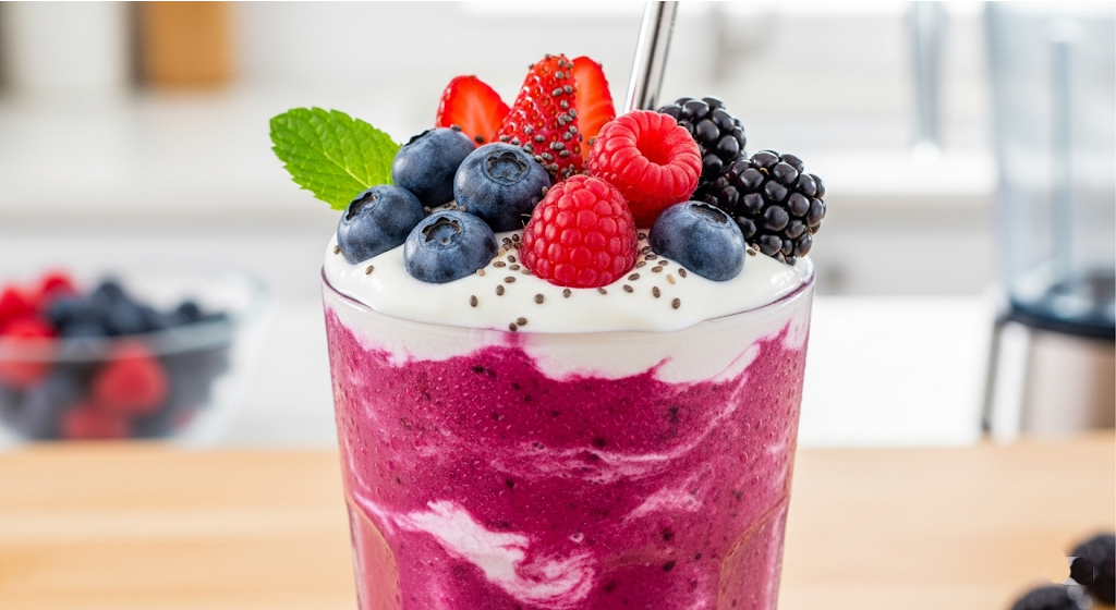 Greek yogurt smoothie with blueberries, strawberries, and chia seeds in a glass.