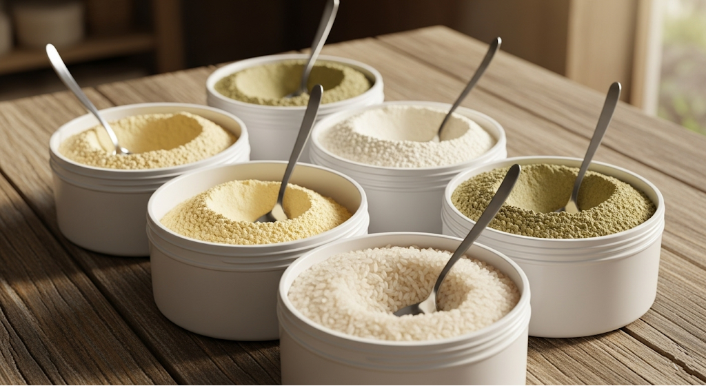 Array of different protein powders in open containers with spoons, highlighting variety and choice.