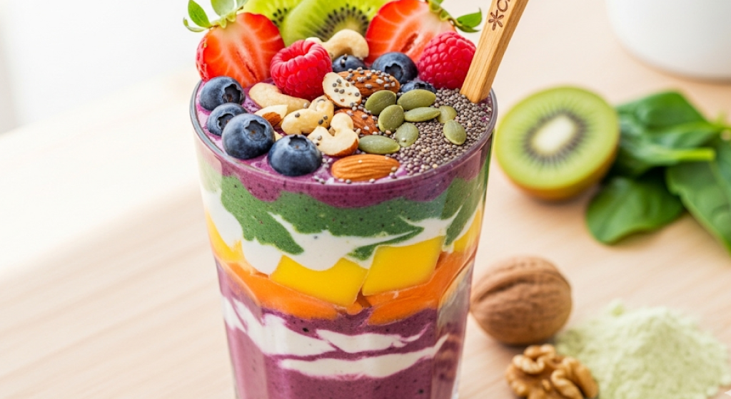 Plant-based protein shake with ingredients like pea protein, almond milk, and berries.