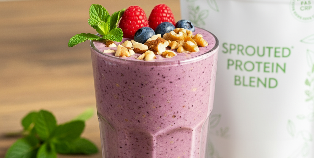 Glass of vegan sprouted protein shake with fruit garnish