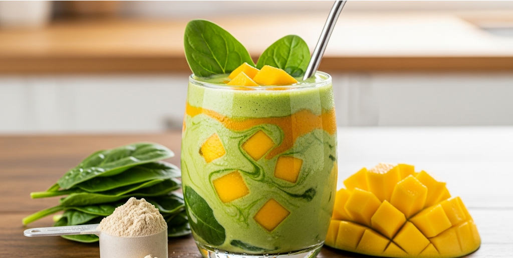 Colorful plant-based protein shake with spinach, mango, and lime juice.