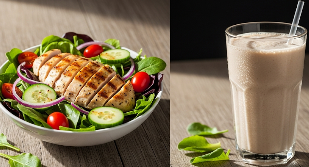 Side-by-side view of grilled chicken salad and a protein shake