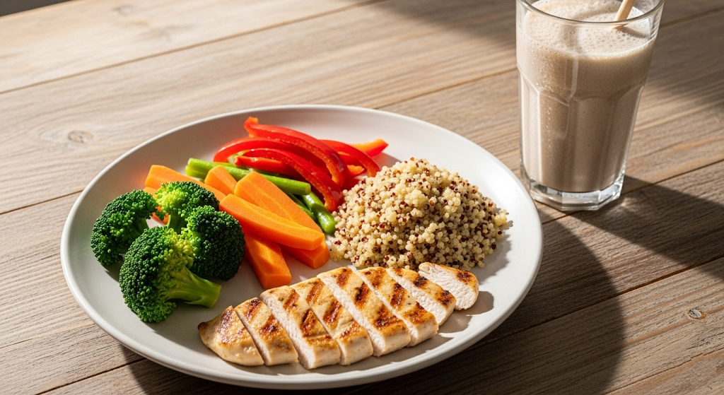 A balanced plate of food accompanied by a glass of protein shake on a wooden table