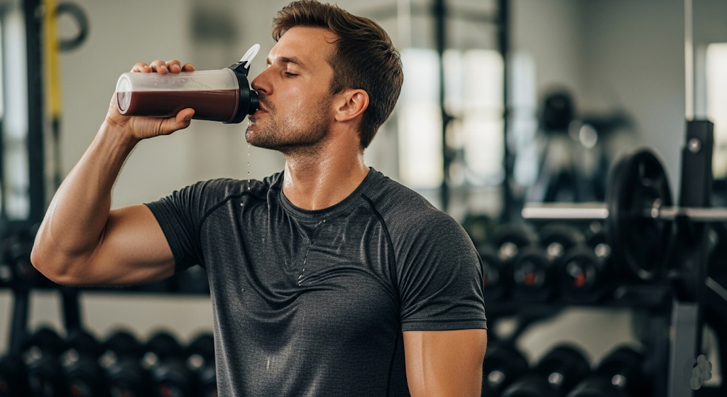 Muscular athlete drinking a protein shake bottle post-workout in a gym setting