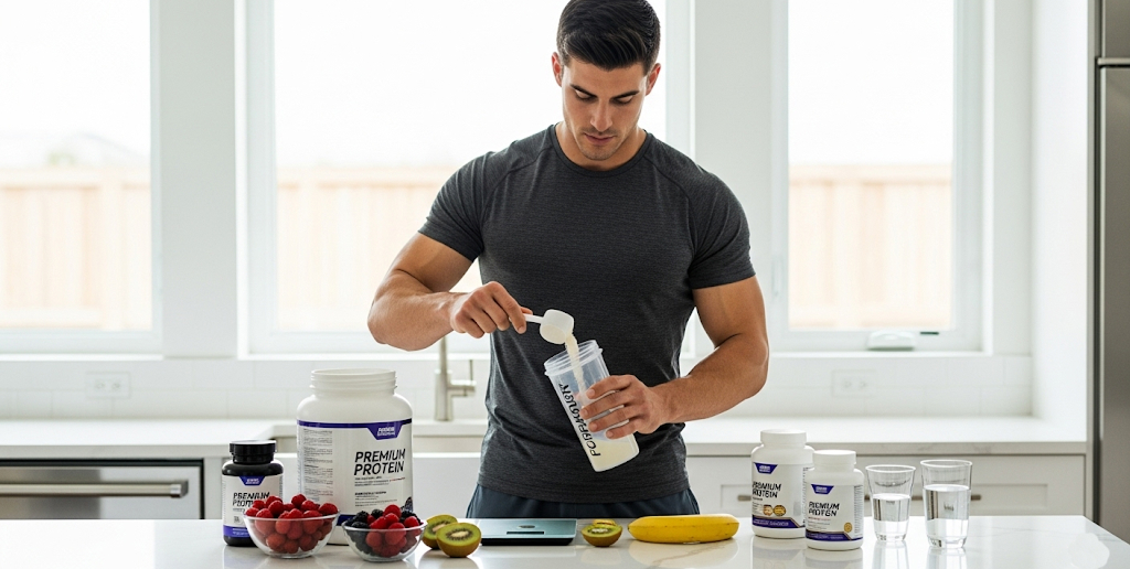 Photo of a fit young athlete preparing a protein shake in a modern kitchen before exercise.