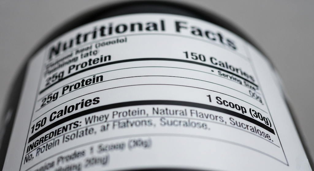 Close-up of a nutritional facts label on a protein powder container under soft lighting