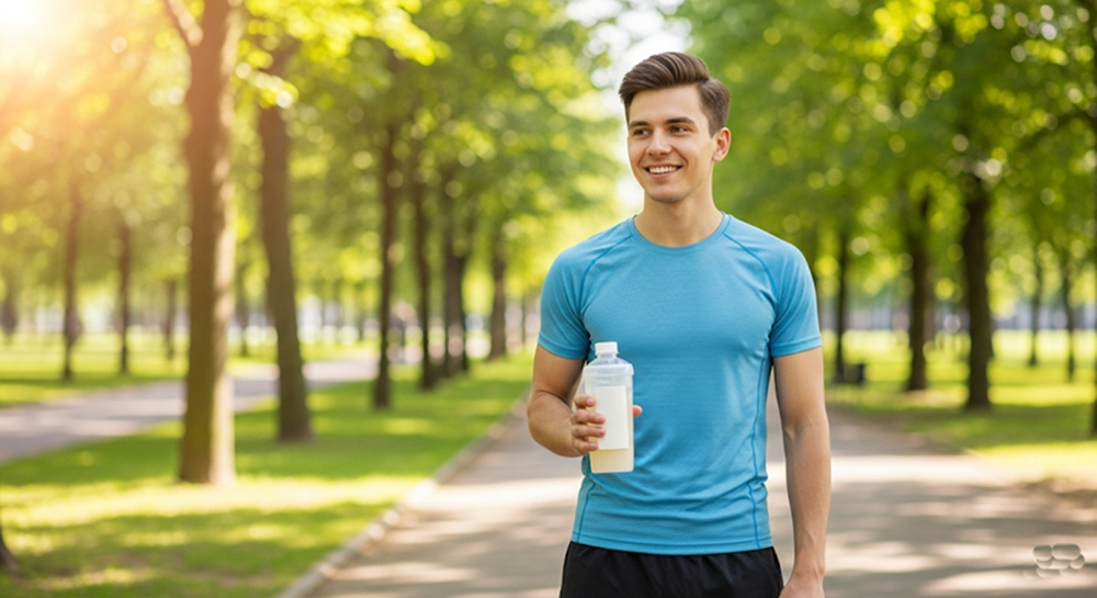 Smiling young adult holding a protein shake bottle outdoors with a park background
