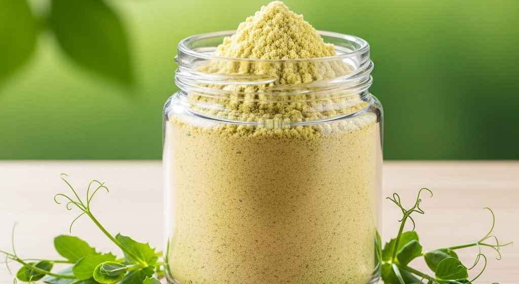 A clear glass jar filled with light green protein powder, with some of the powder piled high at the top. The jar sits on a wooden cutting board, surrounded by fresh green pea sprouts against a blurred green background.