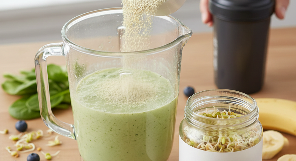 A scoop of light-colored powder is being poured into a clear blender pitcher filled with a green smoothie. A glass jar of pea sprouts, spinach, and a banana are on the table next to the pitcher.