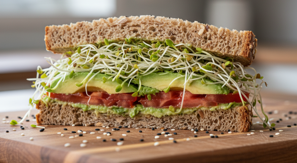 Close-up of a thick whole-grain sandwich layered with avocado, tomato, and a generous mound of delicate alfalfa sprouts.