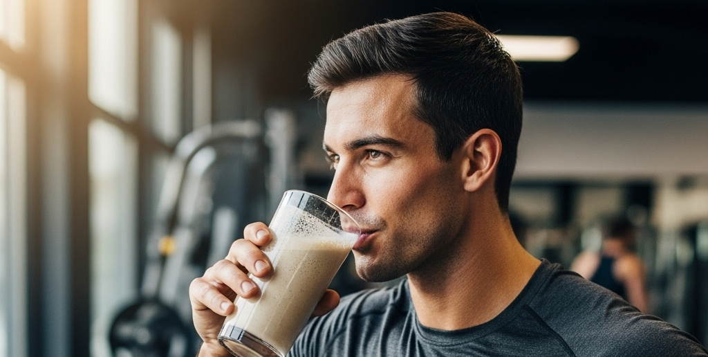Young athlete drinking sprouted protein shake post-workout, smooth texture visible