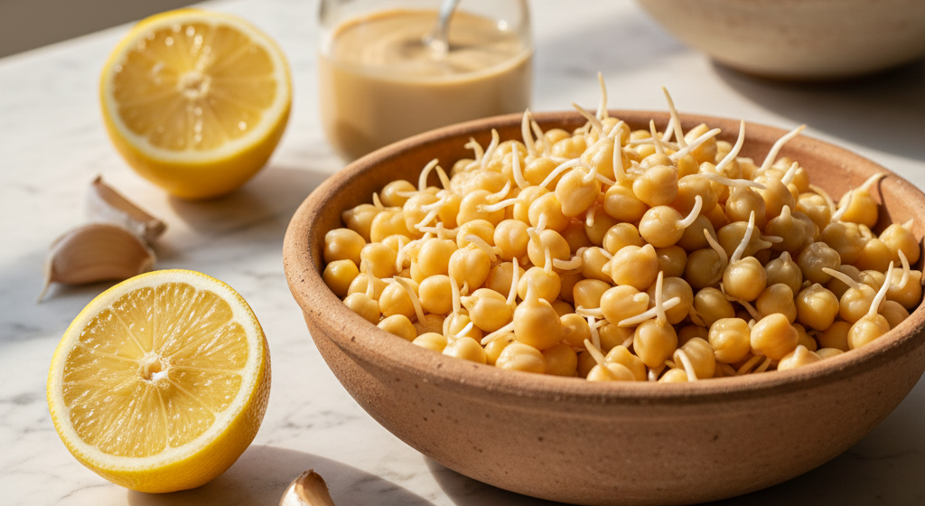 Close-up of sprouted chickpeas in a terracotta bowl next to sliced lemons and garlic cloves for making hummus.