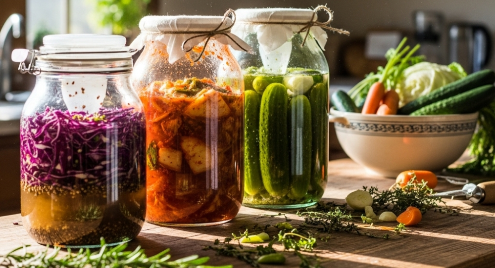Glass jars filled with fermented plant-based proteins