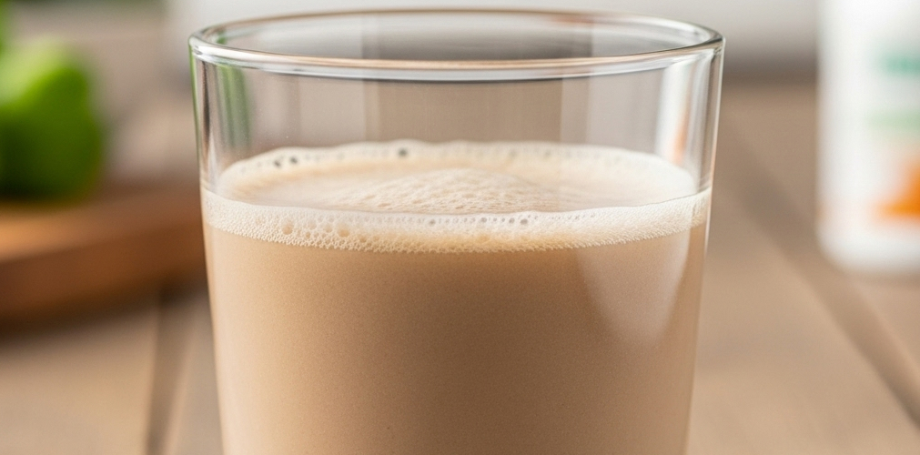 A glass of plant-based protein shake made with fermented protein powder