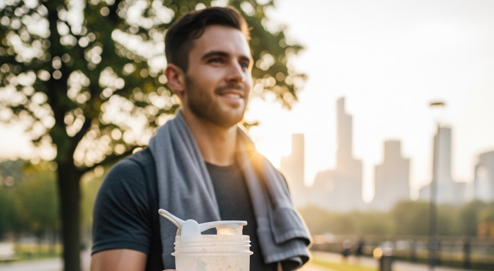 Person holding a sprouted protein shake after exercising