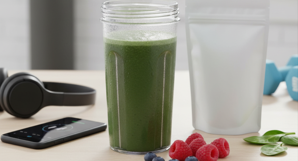 Protein shake in a shaker with sprouted protein label