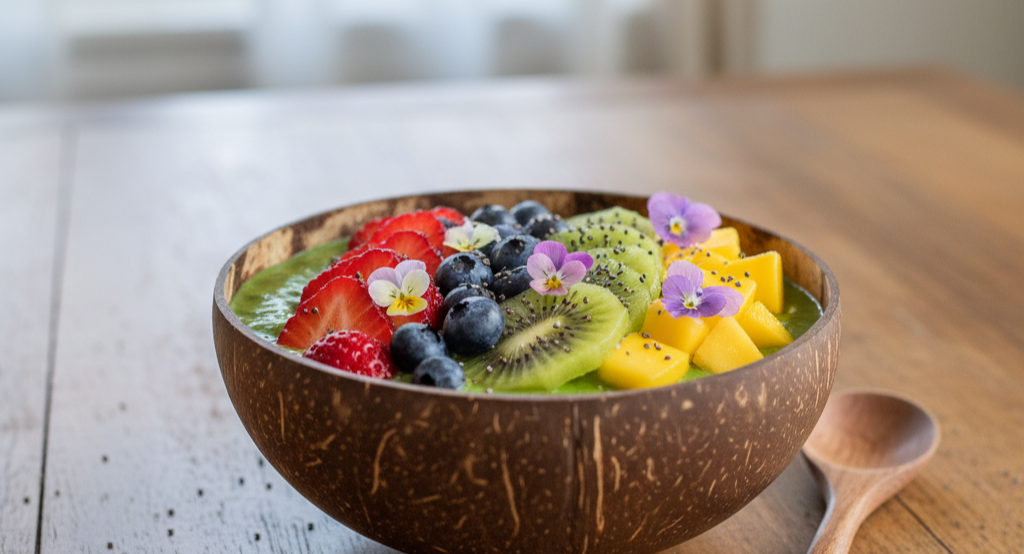 Green smoothie bowl topped with fruits, chia seeds, and edible flowers