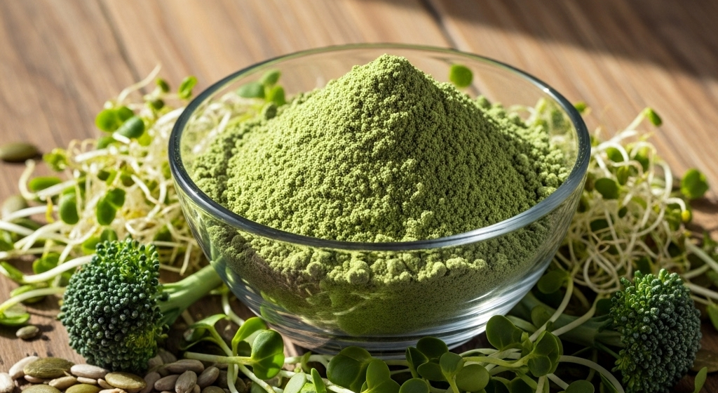 Close-up of green sprouted protein powder in a glass bowl, surrounded by sprouts and seeds on a wooden table.