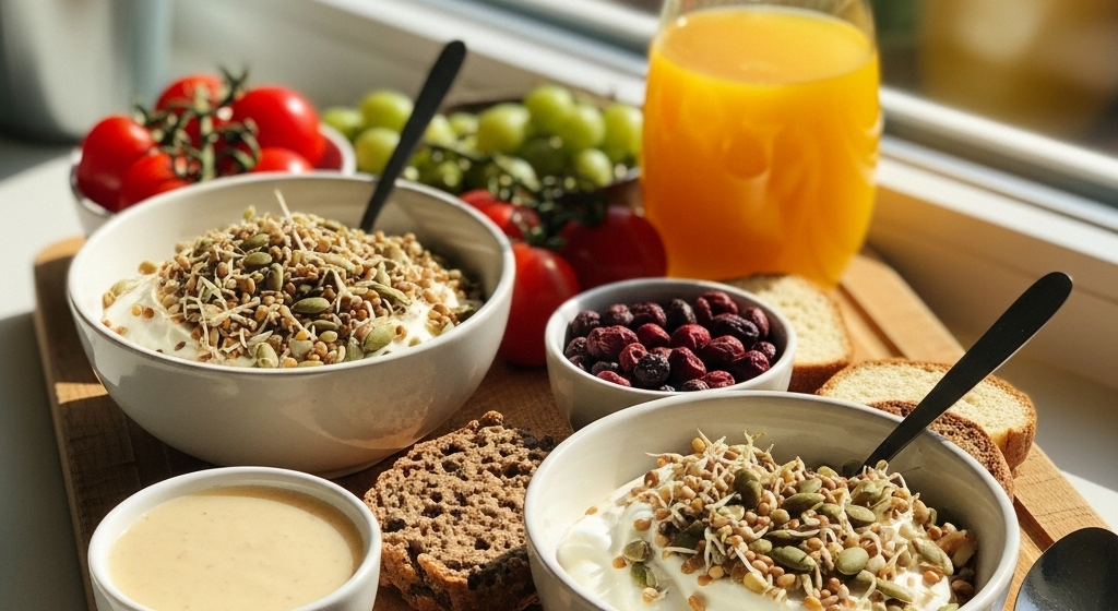 Oatmeal topped with sprouted seeds, nuts, and fruits