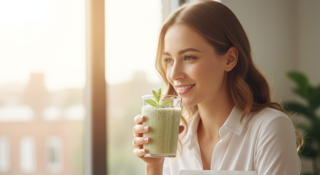 Person drinking a sprouted protein smoothie at a desk