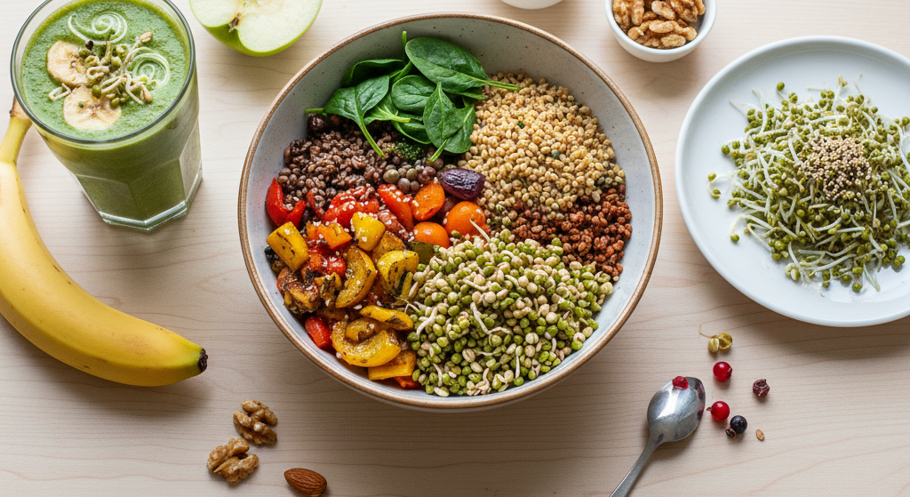 Flat lay of a balanced meal plan: a grain bowl with sprouts, a green smoothie, and a side plate of mung bean sprouts.
