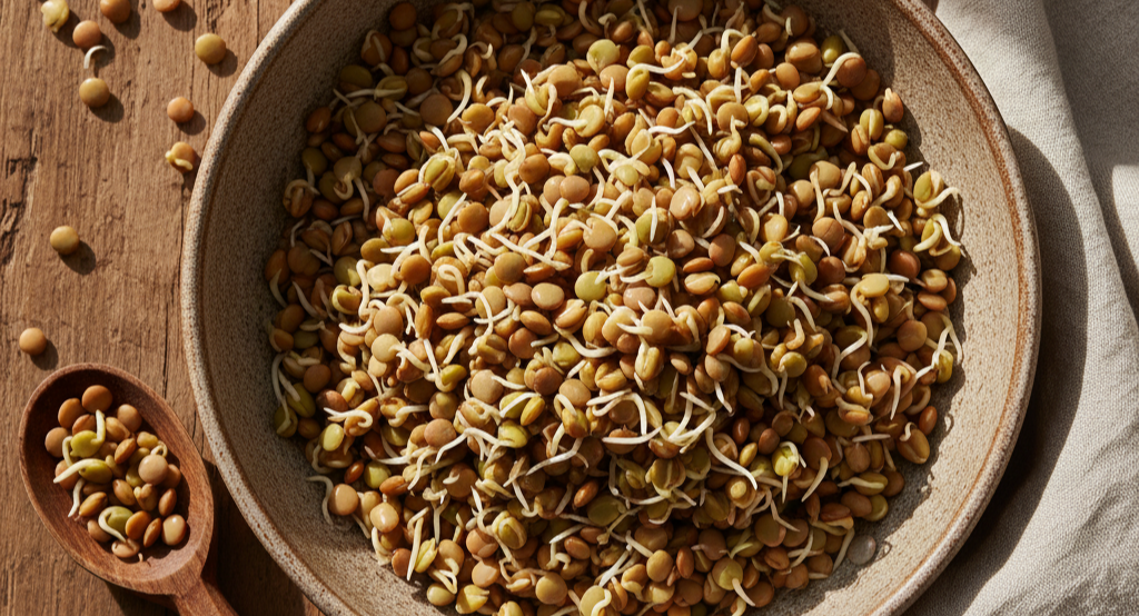 Overhead shot of a ceramic bowl packed with sprouted lentils, showing their small white roots, on a textured wooden surface.