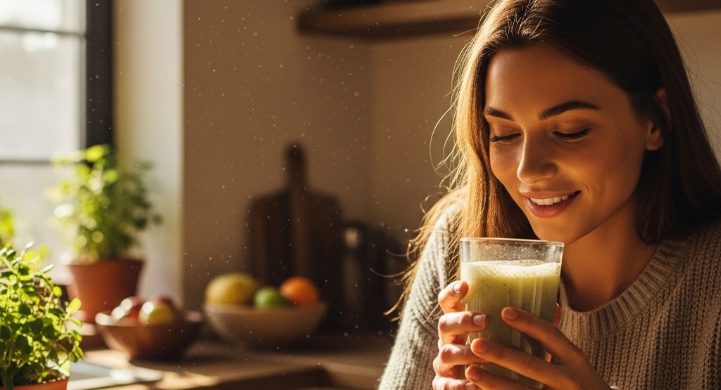 Woman enjoying sprouted protein shake in cozy kitchen with morning sunlight