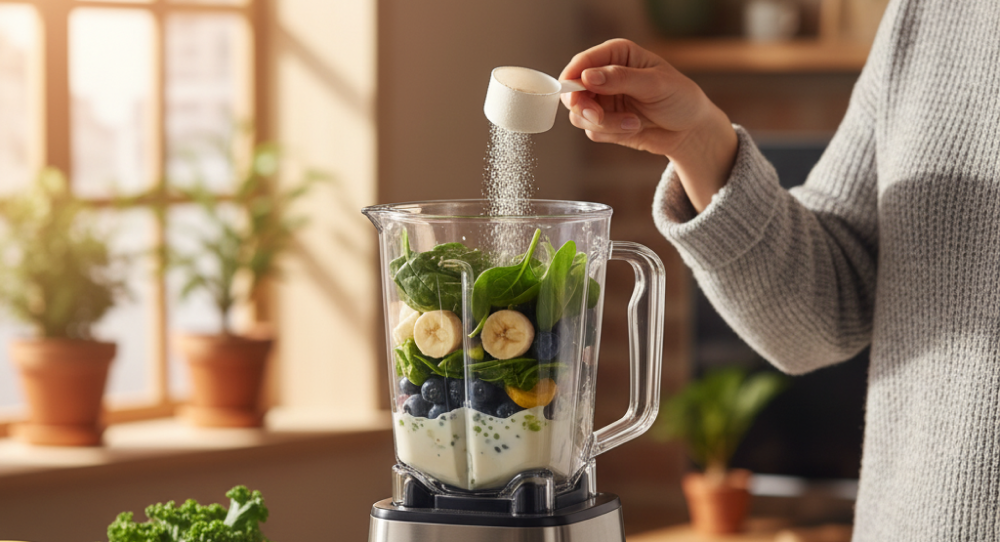 Person pouring sprouted protein powder into a blender with fruits and greens