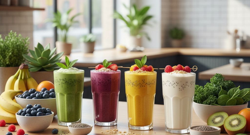 Smoothie bar with sprouted protein drinks and fresh fruits
