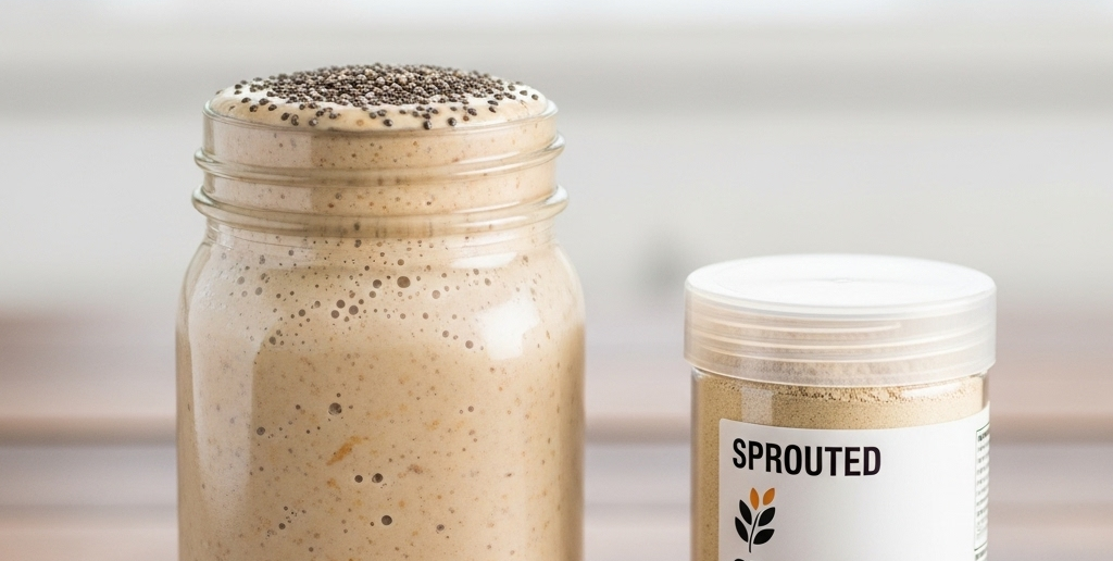 Protein shake in a mason jar with straws and sprouted protein powder