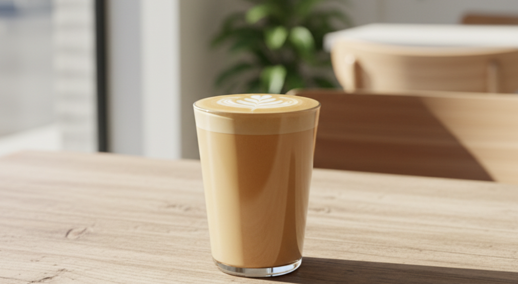 Creamy sprouted protein latte in a glass cup on a wooden table